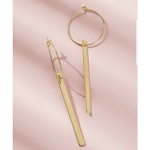 Gold Bar Minimalist Hoop Drop Dangle Earrings - Picture 3 of 4